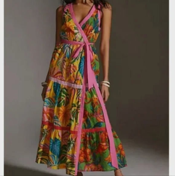 Farm Rio Anthro Floral Palm Maxi Dress Wrap Tiered Sleeveless S Yellow Pink - Picture 1 of 9